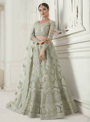 Splendid Light-Green Coding Embroidered Net fabric indian designer wedding Lehenga dress for bridal 1