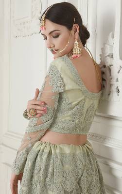 Splendid Light-Green Coding Embroidered Net fabric indian designer wedding Lehenga dress for bridal 2