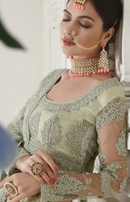 Splendid Light-Green Coding Embroidered Net fabric indian designer wedding Lehenga dress for bridal 3
