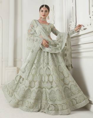Splendid Light-Green Coding Embroidered Net fabric indian designer wedding Lehenga dress for bridal 4