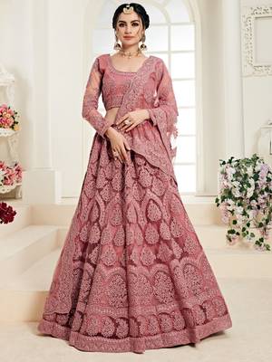 Rose Pink Coding Embroidered Net With Silk Satin 2 Layer Inner Semi Stitched Lehenga Choli 1