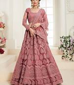 Rose Pink Coding Embroidered Net With Silk Satin 2 Layer Inner Semi Stitched Lehenga Choli