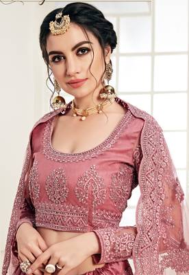 Rose Pink Coding Embroidered Net With Silk Satin 2 Layer Inner Semi Stitched Lehenga Choli 2