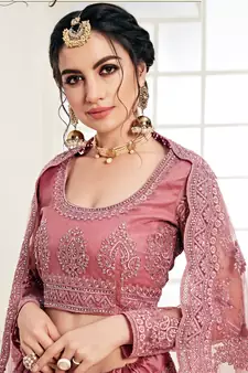 Rose Pink Coding Embroidered Net With Silk Satin 2 Layer Inner Semi Stitched Lehenga Choli