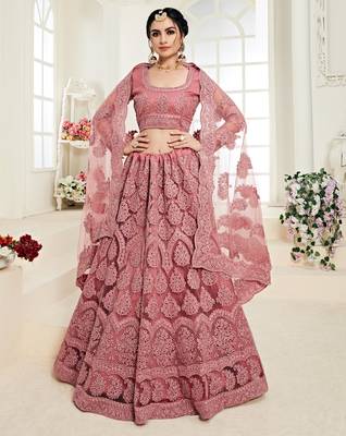 Rose Pink Coding Embroidered Net With Silk Satin 2 Layer Inner Semi Stitched Lehenga Choli 3