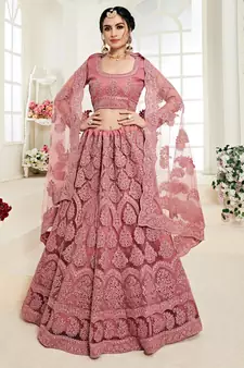 Rose Pink Coding Embroidered Net With Silk Satin 2 Layer Inner Semi Stitched Lehenga Choli