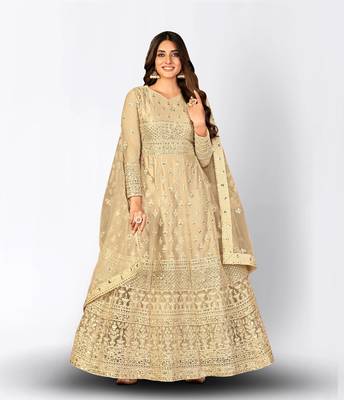 CREAM NET ANARKALI EMBROIDERED WORK LONG SALWAR SUIT DUPATTA 1