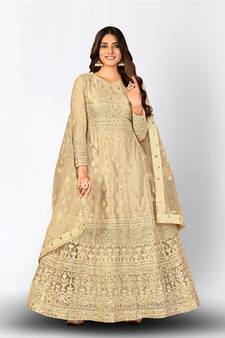 CREAM NET ANARKALI EMBROIDERED WORK LONG SALWAR SUIT DUPATTA