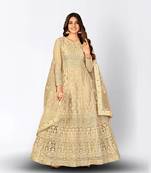 CREAM NET ANARKALI EMBROIDERED WORK LONG SALWAR SUIT DUPATTA