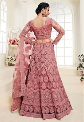 Rose Pink Coding Embroidered Net With Silk Satin 2 Layer Inner Semi Stitched Lehenga Choli 4