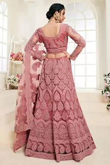 Rose Pink Coding Embroidered Net With Silk Satin 2 Layer Inner Semi Stitched Lehenga Choli