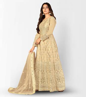 CREAM NET ANARKALI EMBROIDERED WORK LONG SALWAR SUIT DUPATTA 3