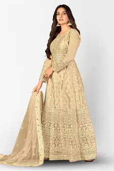 CREAM NET ANARKALI EMBROIDERED WORK LONG SALWAR SUIT DUPATTA