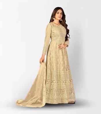 CREAM NET ANARKALI EMBROIDERED WORK LONG SALWAR SUIT DUPATTA 4