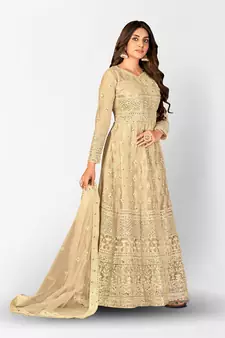 CREAM NET ANARKALI EMBROIDERED WORK LONG SALWAR SUIT DUPATTA