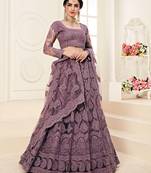 Violet Colored Coding Embroidered Net Lehenga Choli Dress For Wedding & Bride
