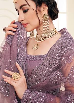 Violet Colored Coding Embroidered Net Lehenga Choli Dress For Wedding & Bride 2