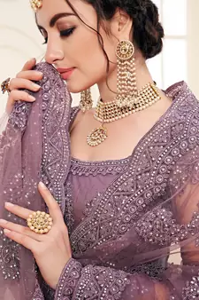 Violet Colored Coding Embroidered Net Lehenga Choli Dress For Wedding & Bride