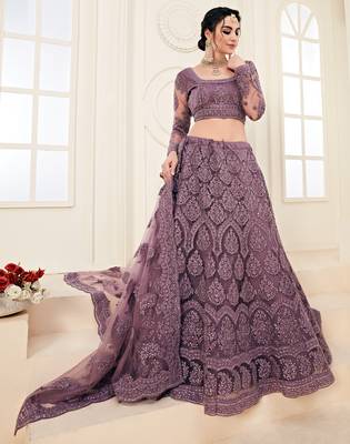 Violet Colored Coding Embroidered Net Lehenga Choli Dress For Wedding & Bride 3