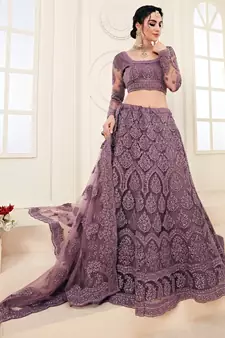Violet Colored Coding Embroidered Net Lehenga Choli Dress For Wedding & Bride