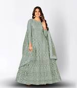 GREY NET ANARKALI EMBROIDERED WORK LONG SALWAR SUIT DUPATTA
