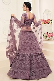 Violet Colored Coding Embroidered Net Lehenga Choli Dress For Wedding & Bride