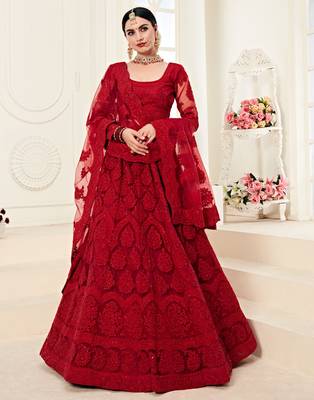  Red Coding Embroidered Net And Silk Satin Lehenga Choli For Party 1