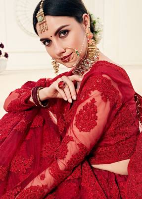  Red Coding Embroidered Net And Silk Satin Lehenga Choli For Party 2