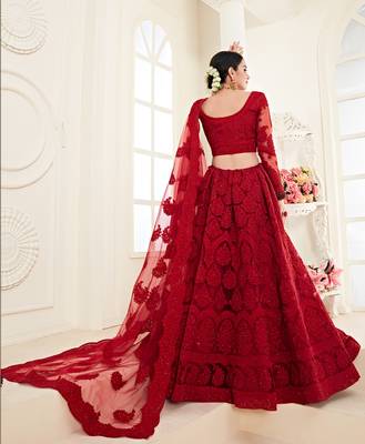  Red Coding Embroidered Net And Silk Satin Lehenga Choli For Party 3