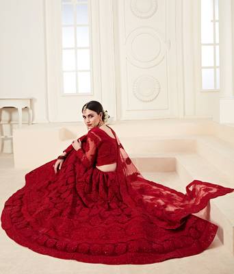  Red Coding Embroidered Net And Silk Satin Lehenga Choli For Party 4