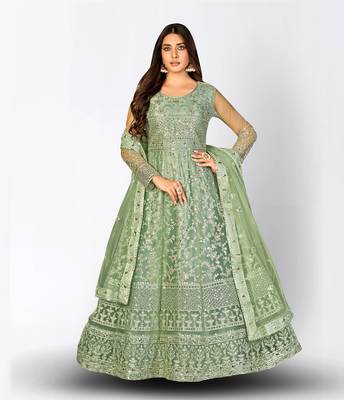 GREEN NET ANARKALI EMBROIDERED WORK LONG SALWAR SUIT DUPATTA 1