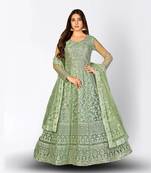 GREEN NET ANARKALI EMBROIDERED WORK LONG SALWAR SUIT DUPATTA