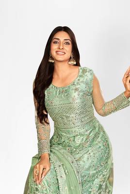 GREEN NET ANARKALI EMBROIDERED WORK LONG SALWAR SUIT DUPATTA 2