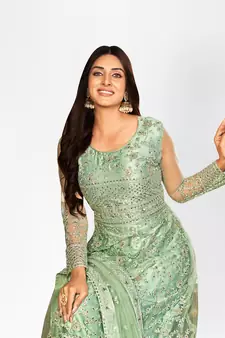 GREEN NET ANARKALI EMBROIDERED WORK LONG SALWAR SUIT DUPATTA