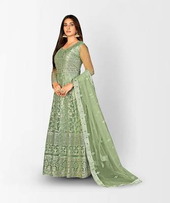GREEN NET ANARKALI EMBROIDERED WORK LONG SALWAR SUIT DUPATTA 3
