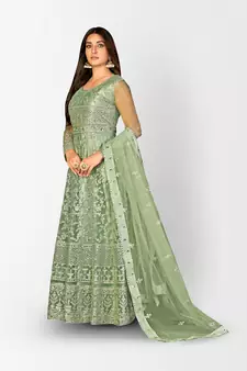GREEN NET ANARKALI EMBROIDERED WORK LONG SALWAR SUIT DUPATTA