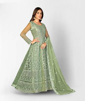GREEN NET ANARKALI EMBROIDERED WORK LONG SALWAR SUIT DUPATTA 4