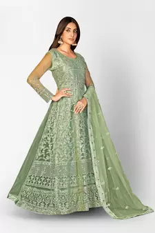 GREEN NET ANARKALI EMBROIDERED WORK LONG SALWAR SUIT DUPATTA
