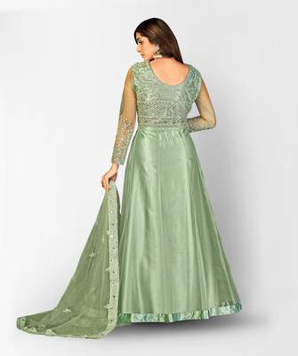 GREEN NET ANARKALI EMBROIDERED WORK LONG SALWAR SUIT DUPATTA 5