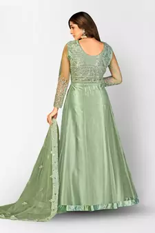 GREEN NET ANARKALI EMBROIDERED WORK LONG SALWAR SUIT DUPATTA