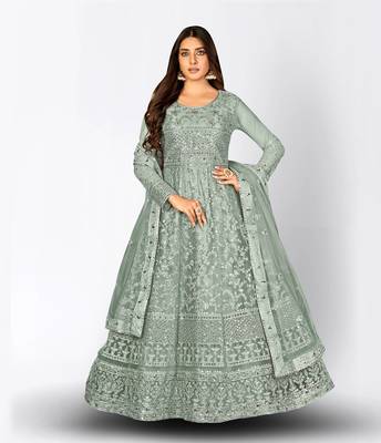 GREY NET ANARKALI EMBROIDERED WORK LONG SALWAR SUIT DUPATTA 1