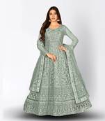 GREY NET ANARKALI EMBROIDERED WORK LONG SALWAR SUIT DUPATTA