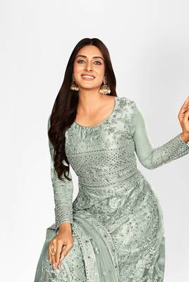 GREY NET ANARKALI EMBROIDERED WORK LONG SALWAR SUIT DUPATTA 2