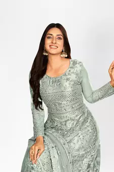 GREY NET ANARKALI EMBROIDERED WORK LONG SALWAR SUIT DUPATTA