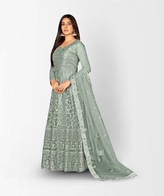 GREY NET ANARKALI EMBROIDERED WORK LONG SALWAR SUIT DUPATTA 3