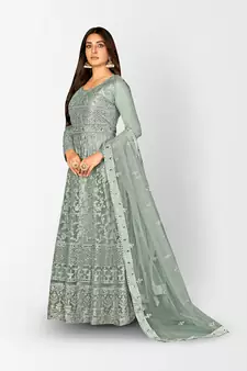 GREY NET ANARKALI EMBROIDERED WORK LONG SALWAR SUIT DUPATTA