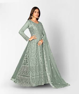 GREY NET ANARKALI EMBROIDERED WORK LONG SALWAR SUIT DUPATTA 4