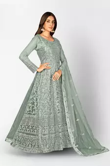 GREY NET ANARKALI EMBROIDERED WORK LONG SALWAR SUIT DUPATTA