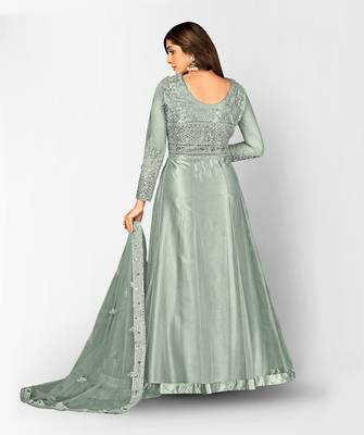 GREY NET ANARKALI EMBROIDERED WORK LONG SALWAR SUIT DUPATTA 5