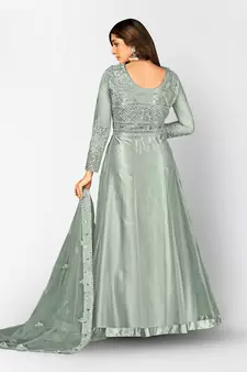 GREY NET ANARKALI EMBROIDERED WORK LONG SALWAR SUIT DUPATTA